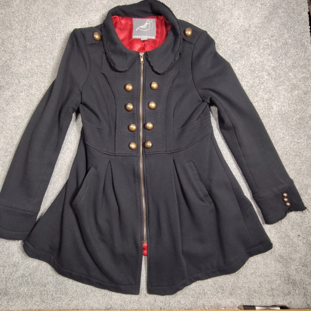 Knitted Dove Black Military Style Peplum Coat Jacket Red Lining Brass Buttons S